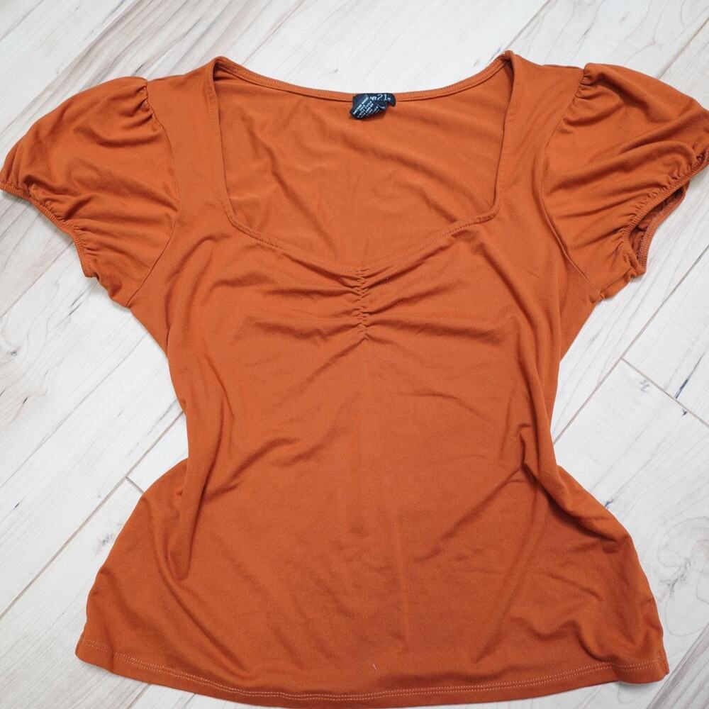 Rue21 Burnt Orange Ruched V-Neck Puff Sleeve Top Y2K Coquette XL